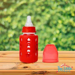 Glass Feeding Bottle for Newborns/Infants/Babies | With Silicone Warmer Cover ('RED', 120 ML) - 120 ml-0