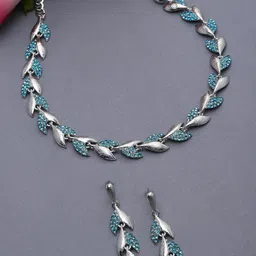 ZENEME Silver-Plated Cubic Zirconia Studded Leaf ShapedJewellery Set-17