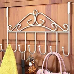 Over the Door Hanger with 7 Hooks for Clothes, Purses, Towel, Scarf, Belt, Hat, etc. Metal Hanging Rack Organizer NO Hole Drilling Require ( White colour) Door Hanger-15