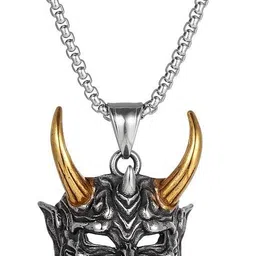 fabula Silver Stainless Steel Devil Demon Horn Skull Design Pendant with Chain Silver Beads Stainless Steel Pendant-picture-0