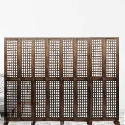 shilpi Brown Floral Handcarved Wooden Room Divider Four Panels In Wooden Net Pattern With Stand-picture-0