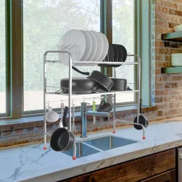Dish Drainer Kitchen Rack Over Sink Space Saving Dish Drainer Rack | Utensils Stand For Kitchen (28X28) Steel-image-64
