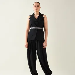 AAKAAR V-Neck Coat & Trousers With Belt Noir Co-Ords-picture-15