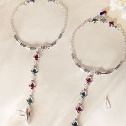 VOJ Set Of 2 Silver-Plated Stainless Steel Artificial Stones Studded Anklet-image-93
