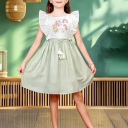 TINY TWILLS Girl Unicorn Embroidered Round Neck Flutter Sleeve Fit & Flare Cotton Dress-6