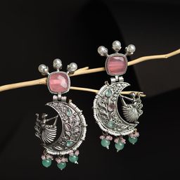 RHOSYN German Silver-Plated Artificial Stones Studded & Beaded Drop Earrings-6