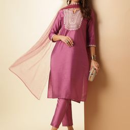 Anouk Mauve Notch-Neck Floral Embroidered Straight Kurta With Trousers And Dupatta-image-71