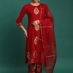 Sangria Red Floral Printed Sequinned Straight Kurta With Trousers And Dupatta-picture-14