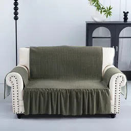 Kuber Industries Green Velvet 1 Piece Sofa Cover With Arms-45