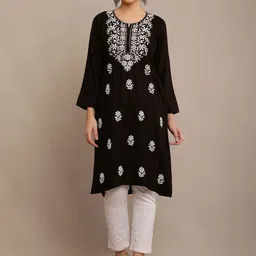 FAWOMENT Women Ethnic Motifs Printed Flared Sleeves Thread Work Shadow Work Kurta-46