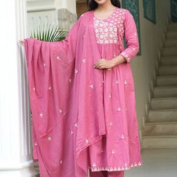 MF Hayat Women Floral Embroidered Angrakha Pure Cotton Kurti &Trouser With Dupatta-picture-14