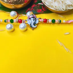 MANSIYAORANGE American Diamonds Studded & Beaded Meenakari Thread Rakhi-picture-13