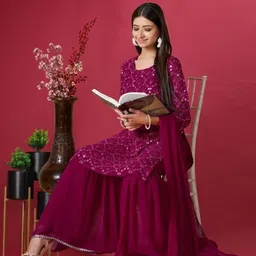PARROT CREATION Geometric Embroidered Georgette Straight Kurta With Sharara And Dupatta image 3
