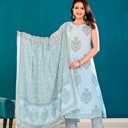 SINSINI Women Floral Printed Regular Pure Cotton Kurta with Trousers & With Dupatta-image-2