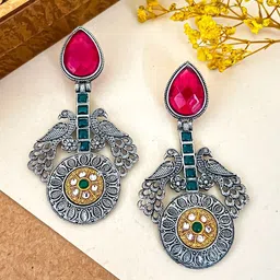 Zeviel Silver-Plated Oxidised Artificial Stones Studded Peacock Shaped Drop Earrings-picture-34
