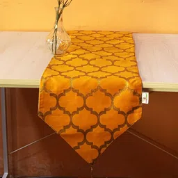 Pink Parrot Mustard-Yellow Printed Jacquard Silk Table Runner With Tassels-20