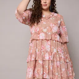 SASSAFRAS Curve Women Floral Printed Layered Georgette Fit & Flare Above Knee Dress-image-23