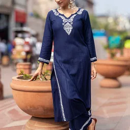 GHARANA INDIA Women Ethnic Motifs Embroidered Regular Chikankari Kurta with Trousers-image-2