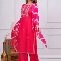 Meeranshi Women Ethnic Motifs Embroidered Regular Thread Work Kurta with Palazzos & With Dupatta image 5