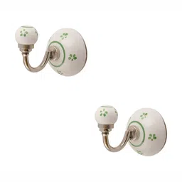 IndianShelf White and Green 2 Pcs Floral Printed Ceramic Wall Hooks-2
