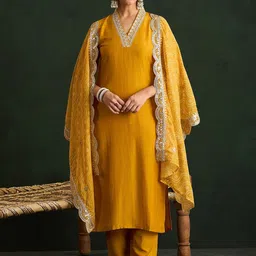 Indo Era Mustard Yellow Floral Embroidered V-Neck Straight Kurta with Trousers & Dupatta-22