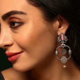 Priyaasi Silver Plated Crystal Studded Oxidized Contemporary Drop Earrings-48
