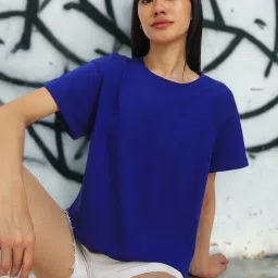 Boyfriend Oversized Women Solid Round Neck Pure Cotton Blue T-Shirt-image-4