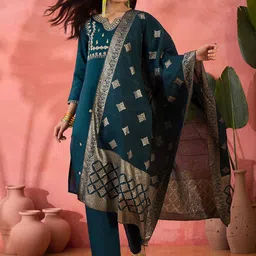 Sangria Women Embroidered Straight Kurta & Trousers With Dupatta-picture-42