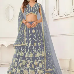 F Plus Fashion Girls Grey Net Semi-Stitched Lehenga Choli-image-37