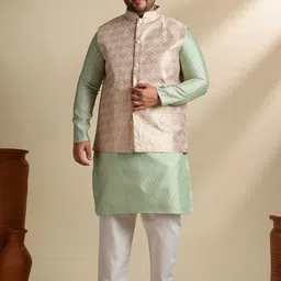 SOJANYA PLUS Floral Woven Design Mandarin Collar Straight Kurta & Pyjama With Nehru jacket-picture-33