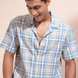 Locomotive Premium Men Cotton Linen Dobby Textured Checked Cuban Collar Relaxed Shirt-image-95