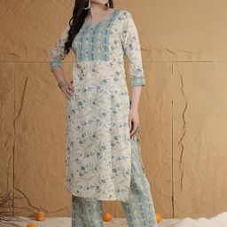 Anouk Floral Printed Round Neck Pure Cotton Straight Kurta With Trousers-image-18