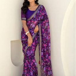 HERE&NOW Floral Poly Chiffon Saree-image-7