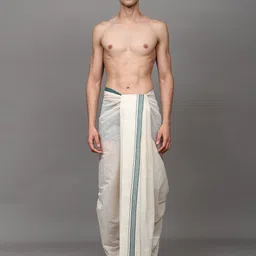 Exotic India Men Cotton Winter White Plain Drape Dhoti with Striped Border-image-32