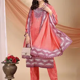 AMRUTVARSHA CREATION Women Ethnic Motifs Printed Aari Work Kurta with Trousers & Dupatta image 5