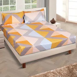 Myntra Elegant Homes Mustard & Grey Geometric 144 TC Queen Bedsheet with 2 Pillow Covers-image-10