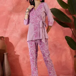 Sangria Floral Embroidery Overlapping Tie Up Style Tunic & Trousers Co-Ords-image-26