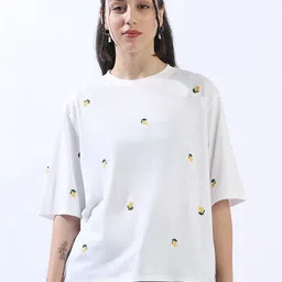 High Star Women Conversational Solid Round Neck Cotton Oversized T-shirt-image-92