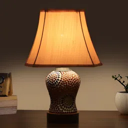Devansh Off White Textured Frustum Shaped Wooden Table Lamp-18