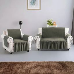 RUBOXA Green Solid Velvet 2 Piece Sofa Cover With Arms-14