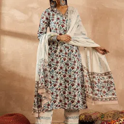 Indo Era Women Floral Printed Regular Pure Cotton Kurta with Trousers & With Dupatta-picture-22
