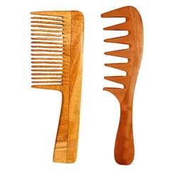 RUFIYS Set Of 2 Neem Wide Tooth Wooden Comb For Hair Growth & Dandruff Brown-6