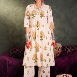 Indo Era Floral Printed Pure Cotton V-Neck A-Line Kurta With Palazzos-17
