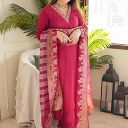 KALINI Floral Yoke Design Sequinned Cotton Silk Kurta With Trousers & Dupatta-image-18