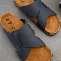HERE&NOW Men Blue & Tan Open Toe Suede Slip-On Comfort Sandals-picture-37