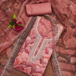 KALINI Floral Printed Sequinned Organza Unstitched Dress Material-image-85