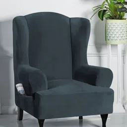 Myntra Elegant Homes Grey Velvet Stretchable Wing Chair Cover With Arms-image-71