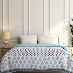 India Circus by Krsnaa Mehta White & Blue Ethnic Motifs Cotton Double Bed Blanket-image-99
