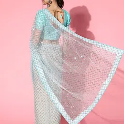 KAVINDI Checked Sequinned  Embroidery Work Net Saree image 2