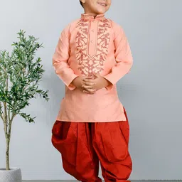 Sangria Boys Floral Embroidered Thread Work Dupion Silk Straight Kurta With Dhoti Pant-image-2